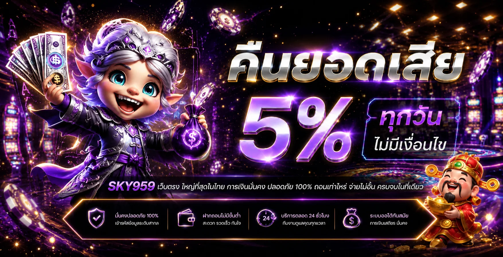 สล็อตออนไลน์ SKY959 พร้อมตัวละครเกมโทนม่วงทอง